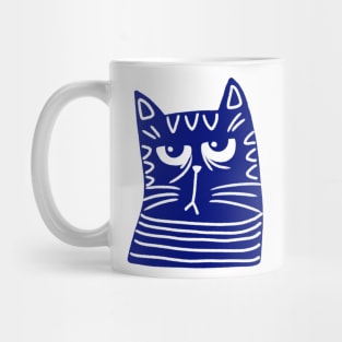 Blue and white cat head with grumpy face Mug